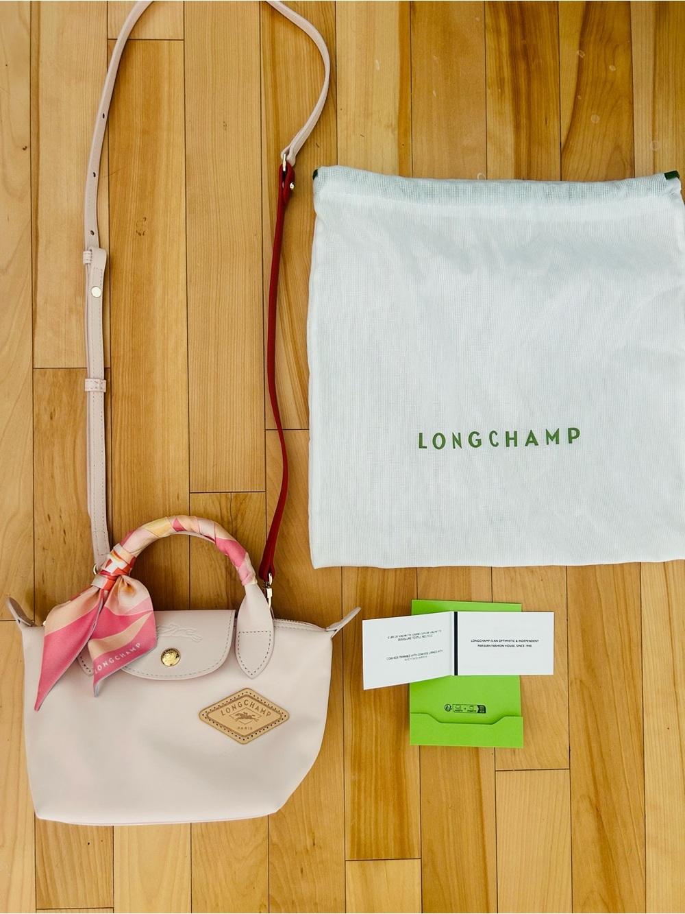 Longchamp Small Crossbody Bag in Pale Pink with Red Strap and Pink Scarf